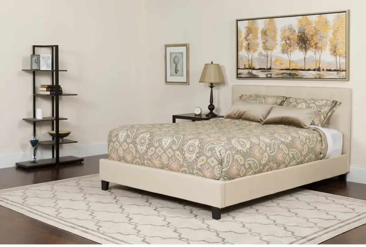 Tribeca Full Size Tufted Upholstered Platform Bed in Beige Fabric with Memory Foam Mattress