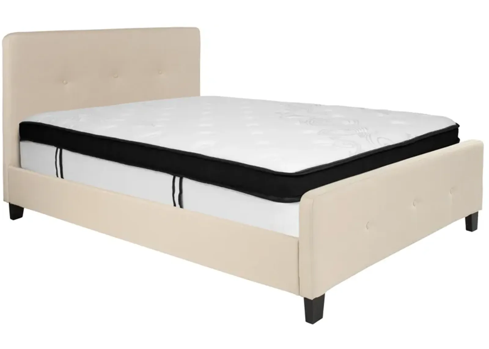 Tribeca Full Size Tufted Upholstered Platform Bed in Beige Fabric with Memory Foam Mattress