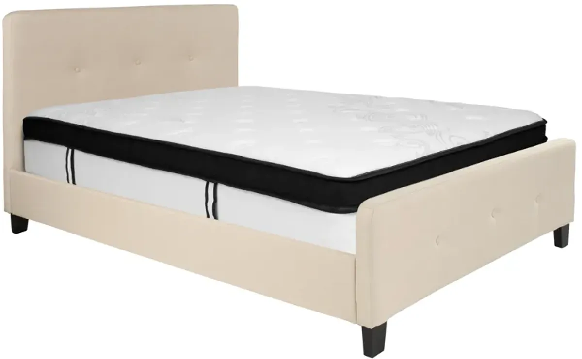 Tribeca Full Size Tufted Upholstered Platform Bed in Beige Fabric with Memory Foam Mattress