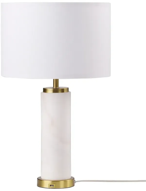 25 Inch Table Lamp, White Fabric Drum Shade, Modern Gold Metal Round Base - Benzara