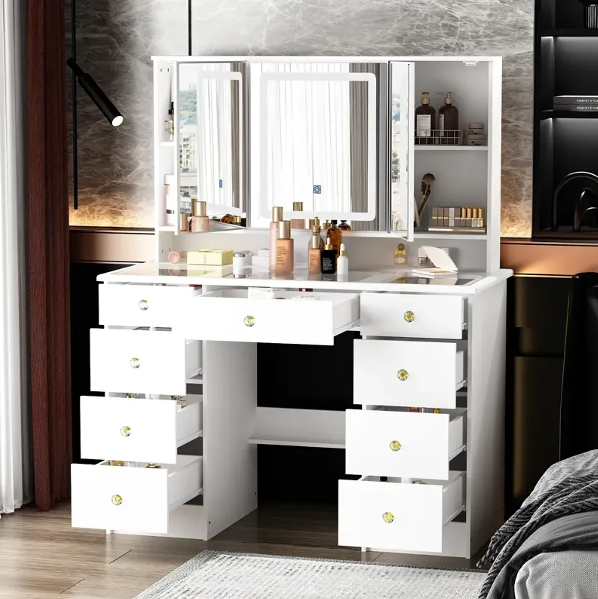 FUFU&GAGA Elegant Vanity Table with 9 Spacious Drawers and LED Mirror - 3 Lighting Modes (43.3”W x 19.7”D x 53.9”H),White