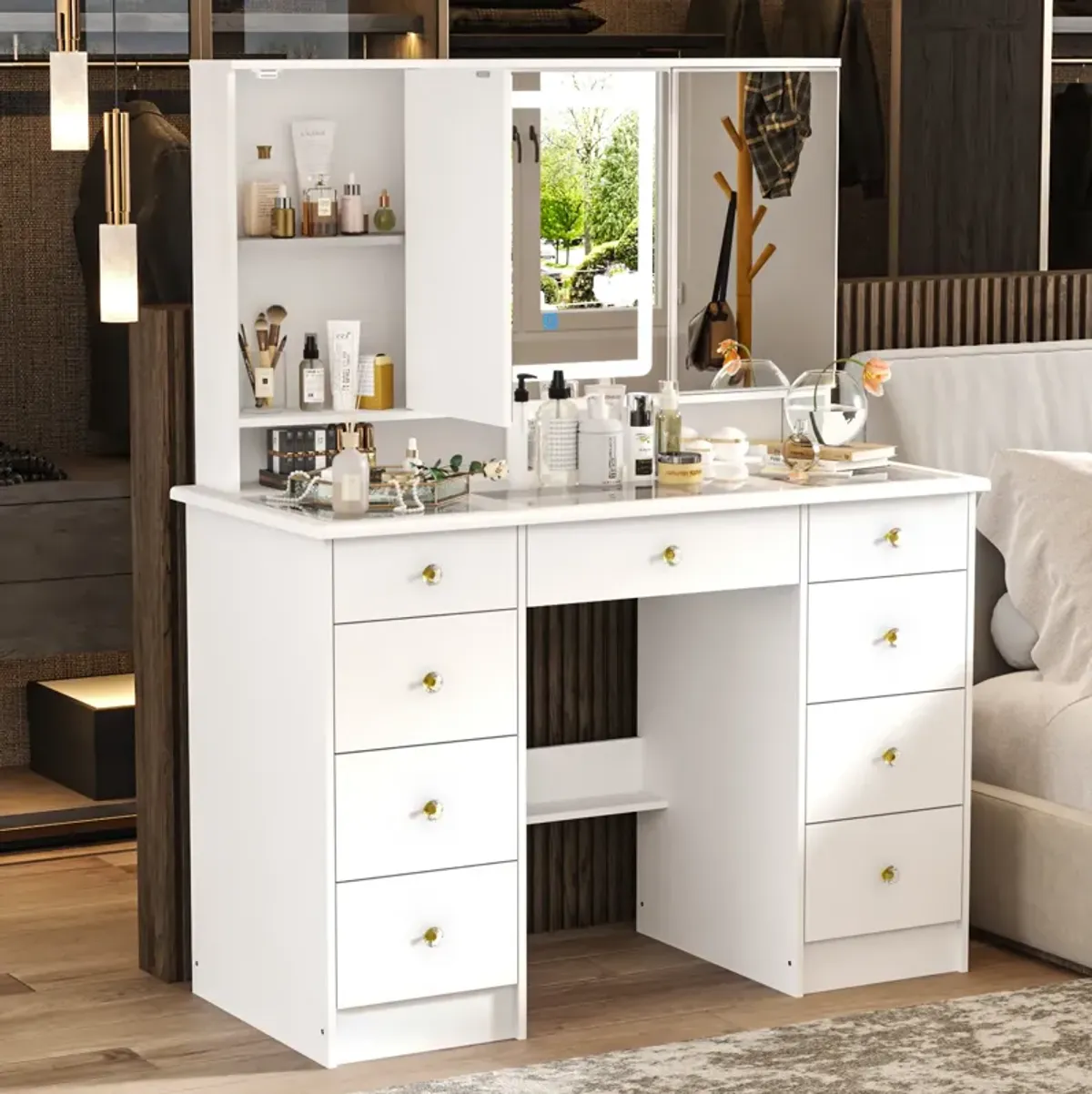 FUFU&GAGA Elegant Vanity Table with 9 Spacious Drawers and LED Mirror - 3 Lighting Modes (43.3”W x 19.7”D x 53.9”H),White