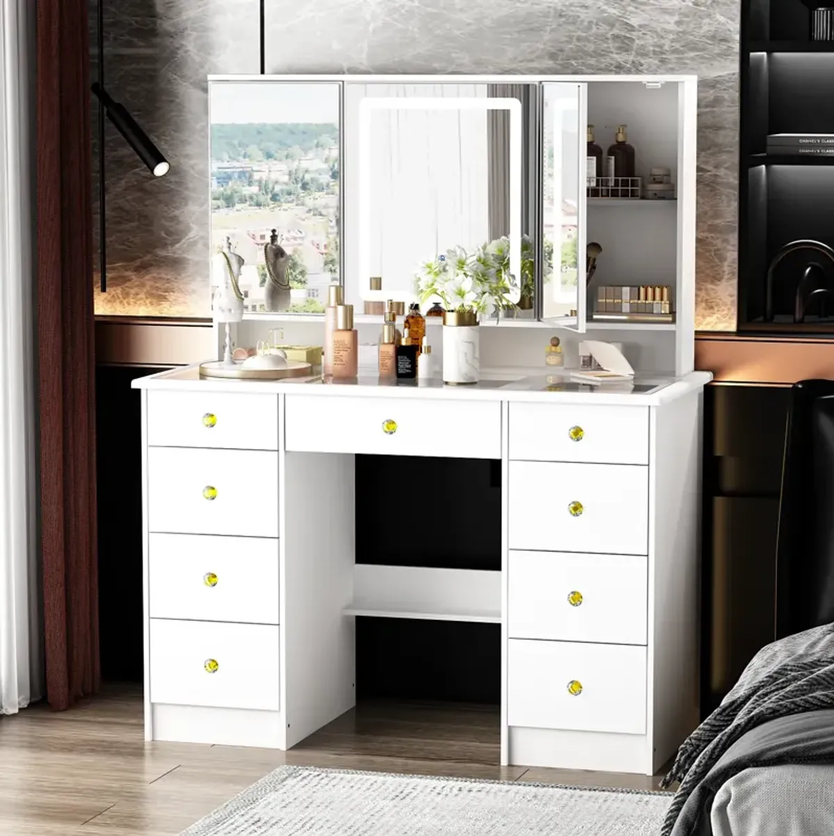 FUFU&GAGA Elegant Vanity Table with 9 Spacious Drawers and LED Mirror - 3 Lighting Modes (43.3”W x 19.7”D x 53.9”H),White