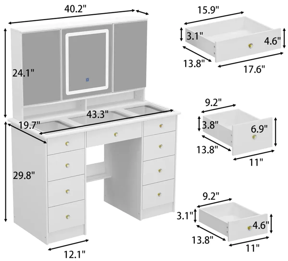 FUFU&GAGA Elegant Vanity Table with 9 Spacious Drawers and LED Mirror - 3 Lighting Modes (43.3”W x 19.7”D x 53.9”H),White