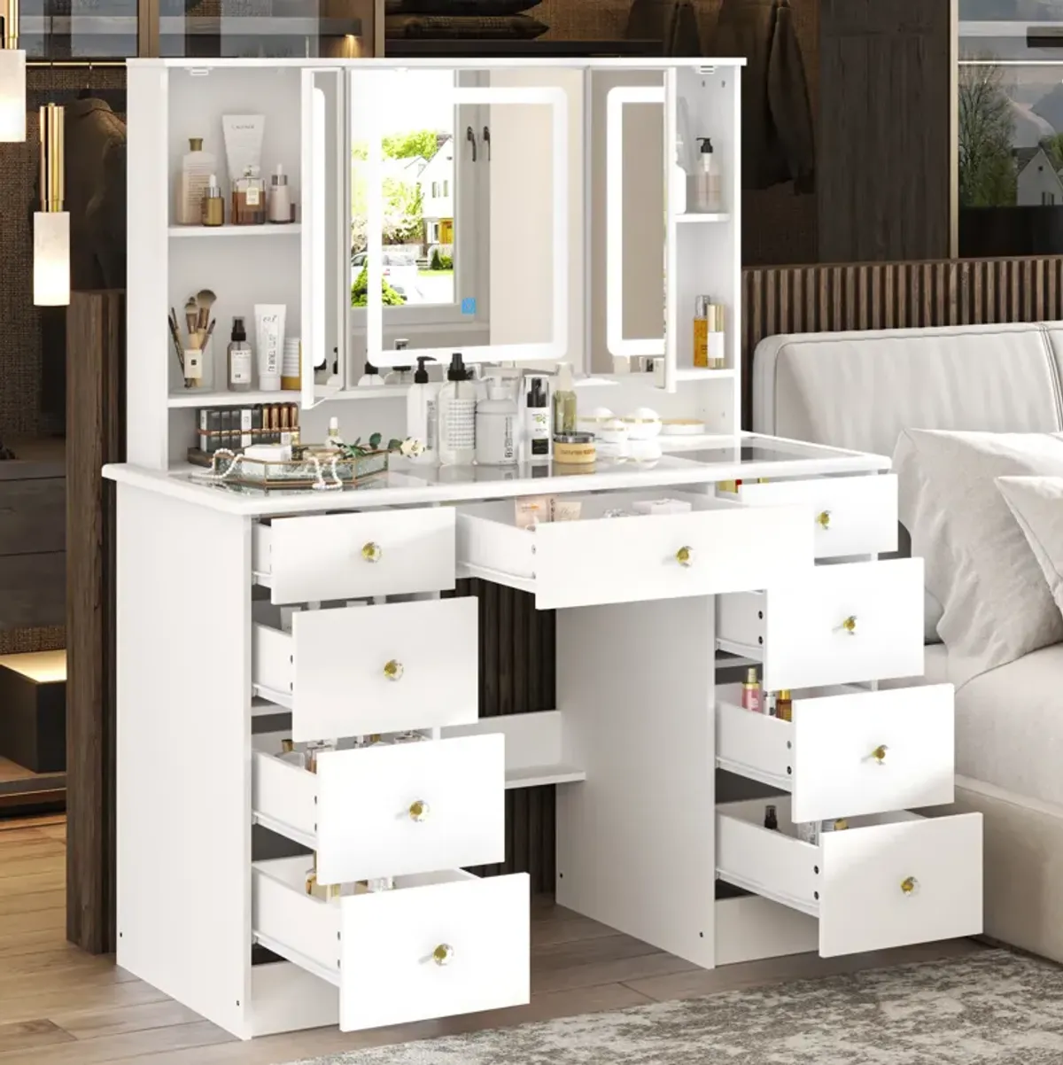 FUFU&GAGA Elegant Vanity Table with 9 Spacious Drawers and LED Mirror - 3 Lighting Modes (43.3”W x 19.7”D x 53.9”H),White