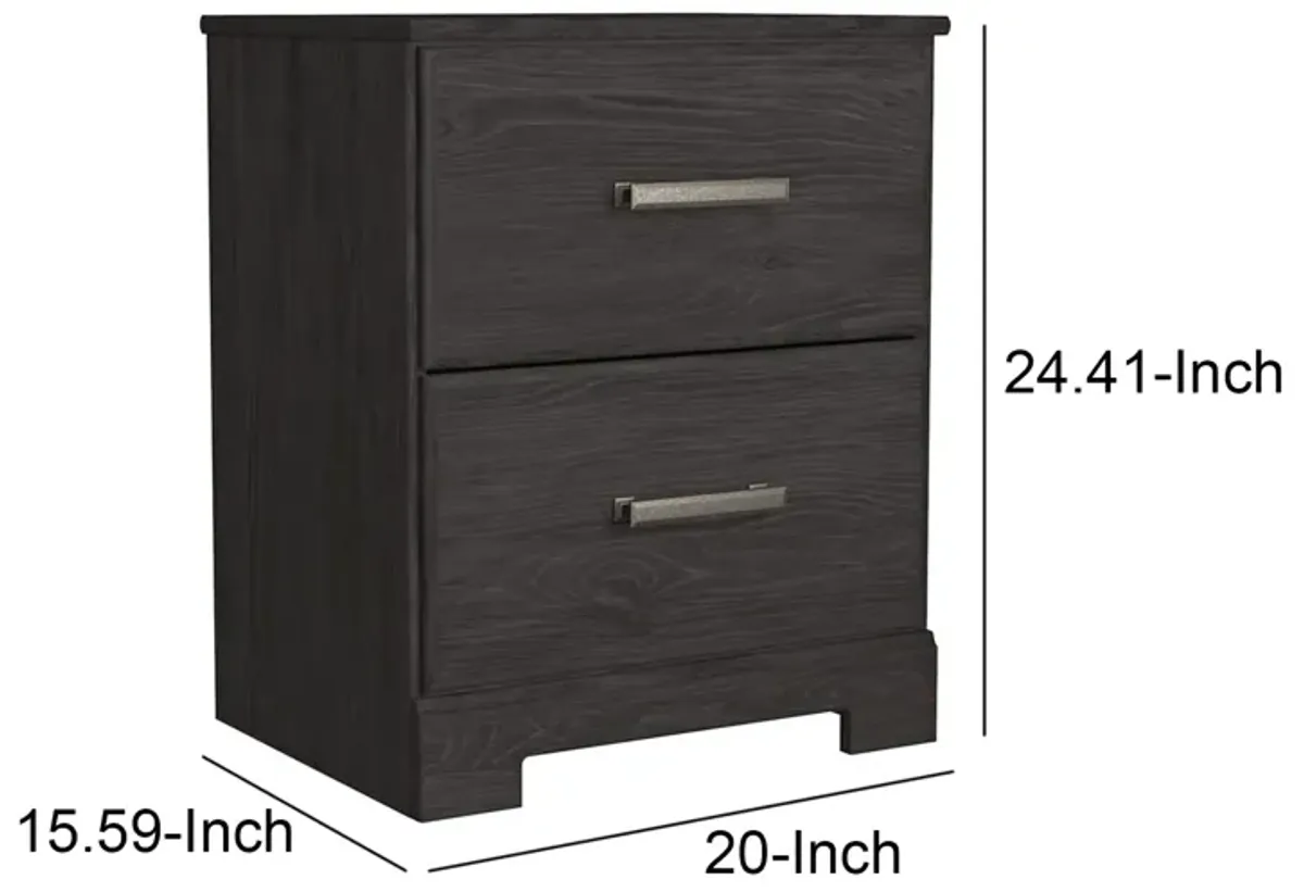 Wren 24 Inch Modern Rustic Wood Nightstand, 2 Drawers, Oak Grain, Black-Benzara