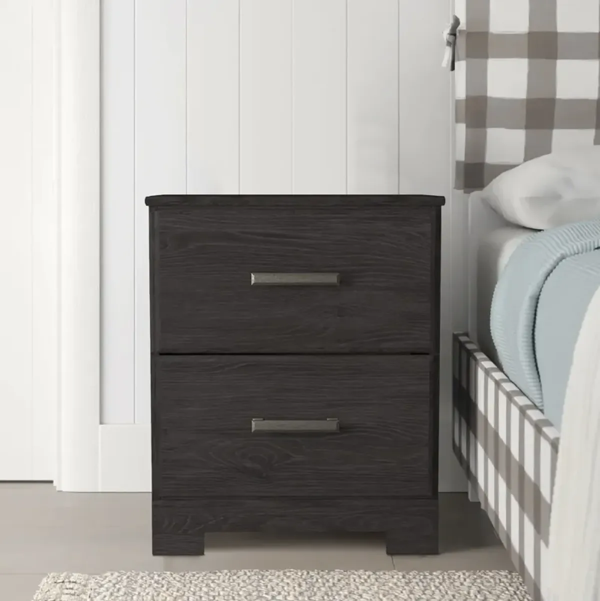 Wren 24 Inch Modern Rustic Wood Nightstand, 2 Drawers, Oak Grain, Black-Benzara