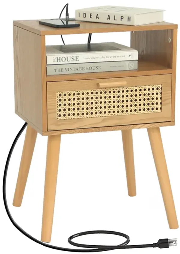 MaxSmeo Mid Century Modern Nightstand with Charging Station, Bedside Tables with Rattan Drawer, Small Wood Nightstand Side Table