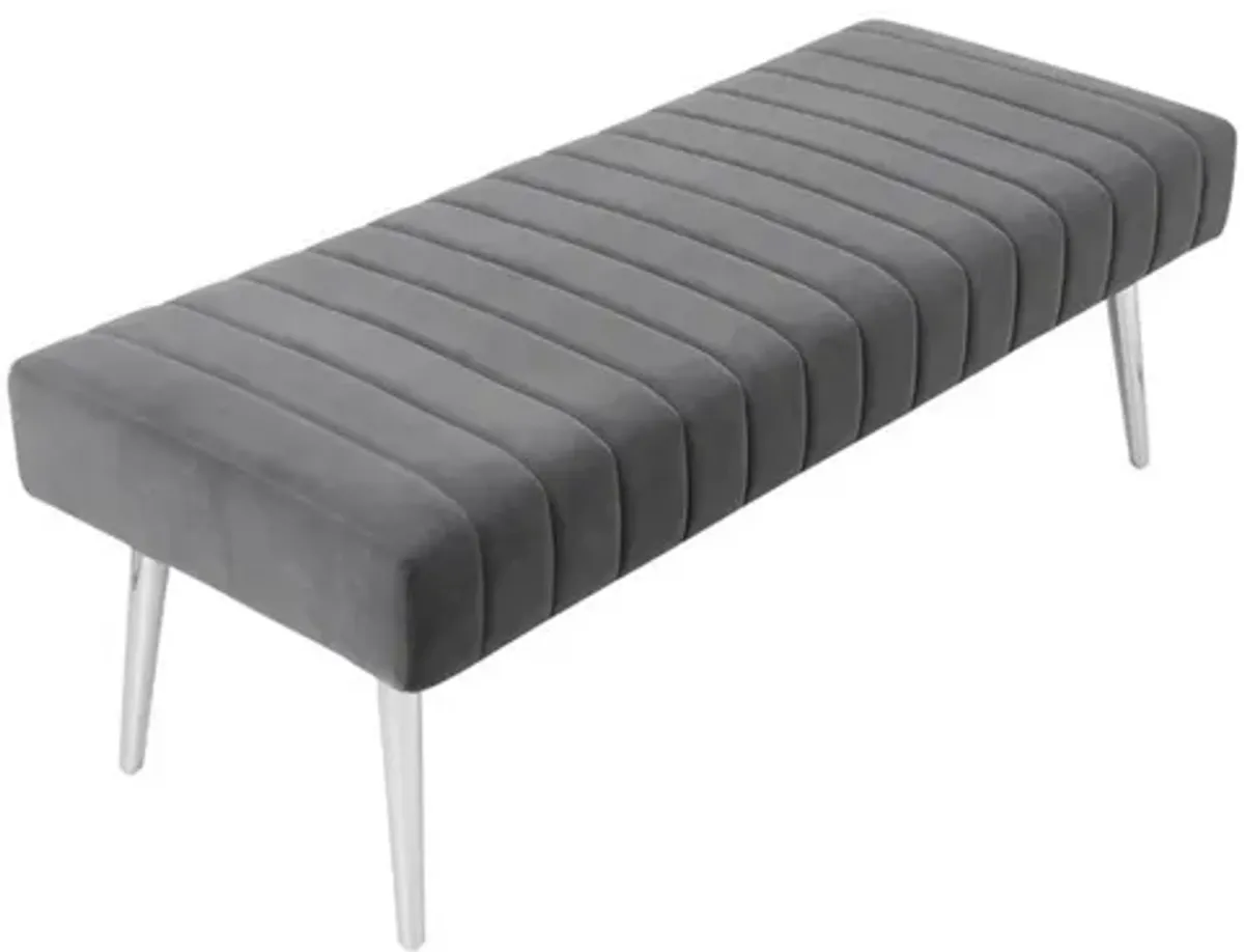 Lida 45 Inch Bench, Modern Tufted Lines, Gray Soft Velvet, Chrome Metal - Benzara