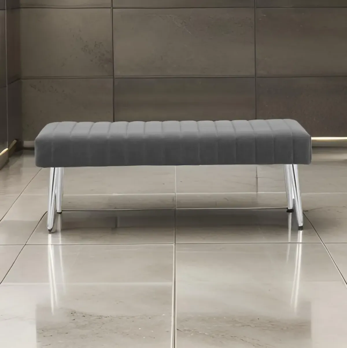 Lida 45 Inch Bench, Modern Tufted Lines, Gray Soft Velvet, Chrome Metal - Benzara