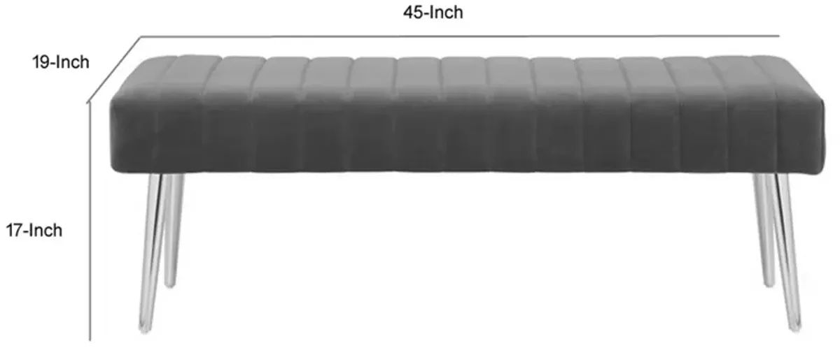 Lida 45 Inch Bench, Modern Tufted Lines, Gray Soft Velvet, Chrome Metal - Benzara