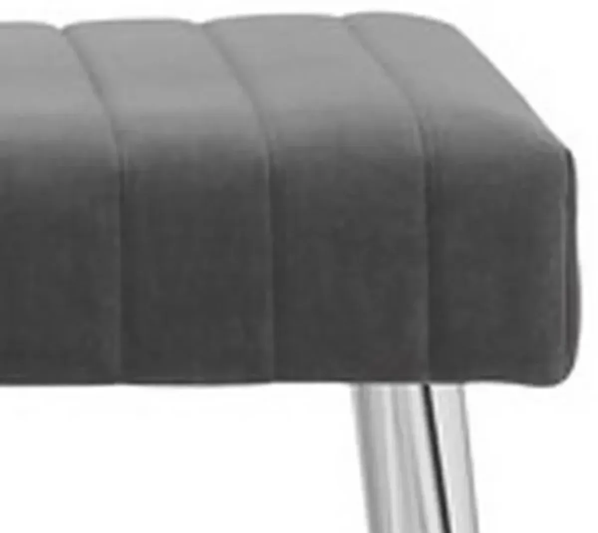 Lida 45 Inch Bench, Modern Tufted Lines, Gray Soft Velvet, Chrome Metal - Benzara