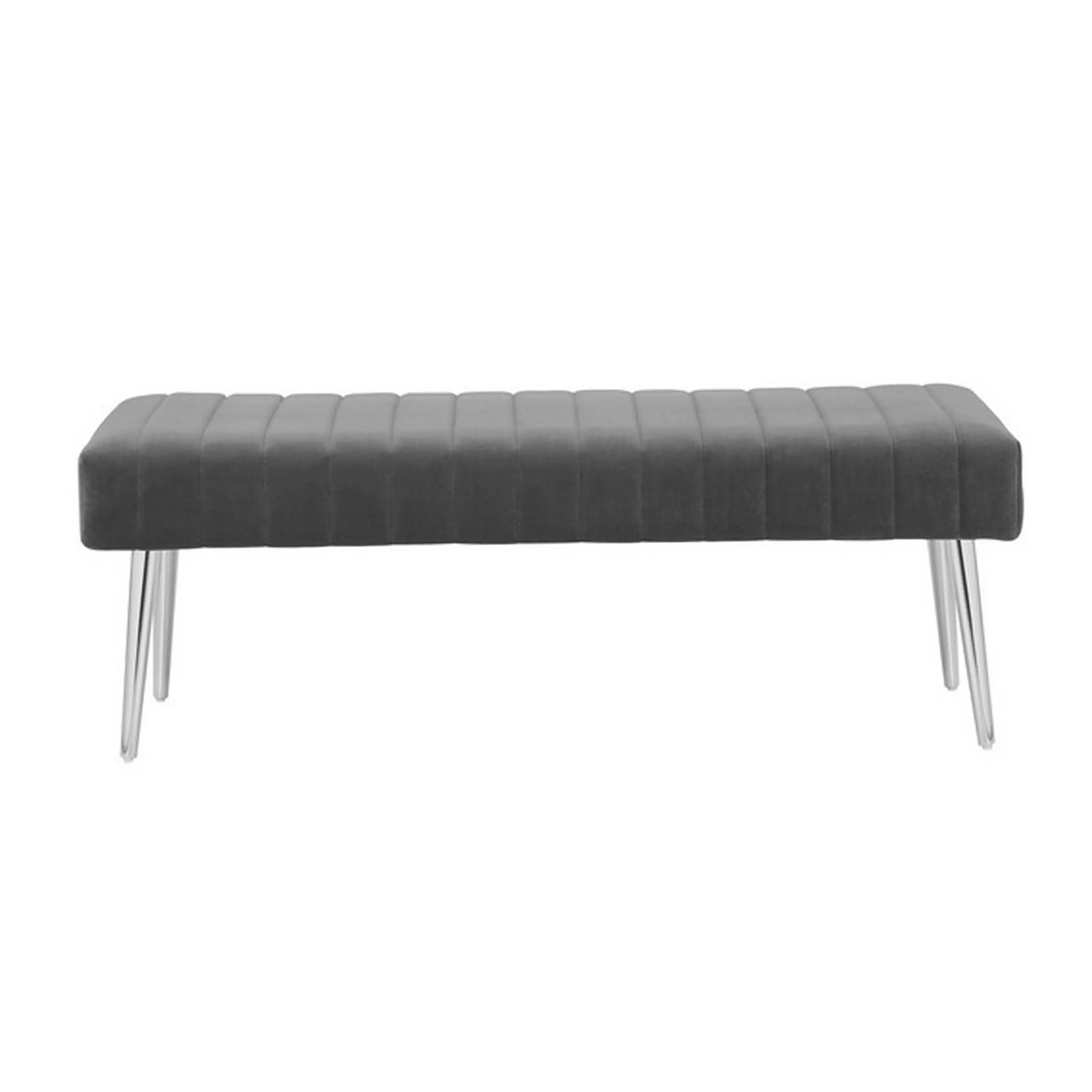 Lida 45 Inch Bench, Modern Tufted Lines, Gray Soft Velvet, Chrome Metal - Benzara