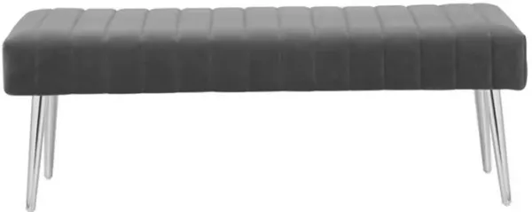 Lida 45 Inch Bench, Modern Tufted Lines, Gray Soft Velvet, Chrome Metal - Benzara