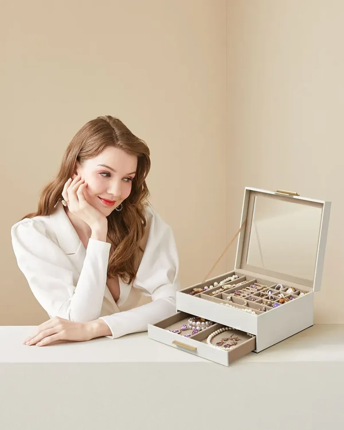 Elegant 2-Layer Jewelry Box with Glass Lid and 1 Drawer - Perfect Gift for Loved Ones