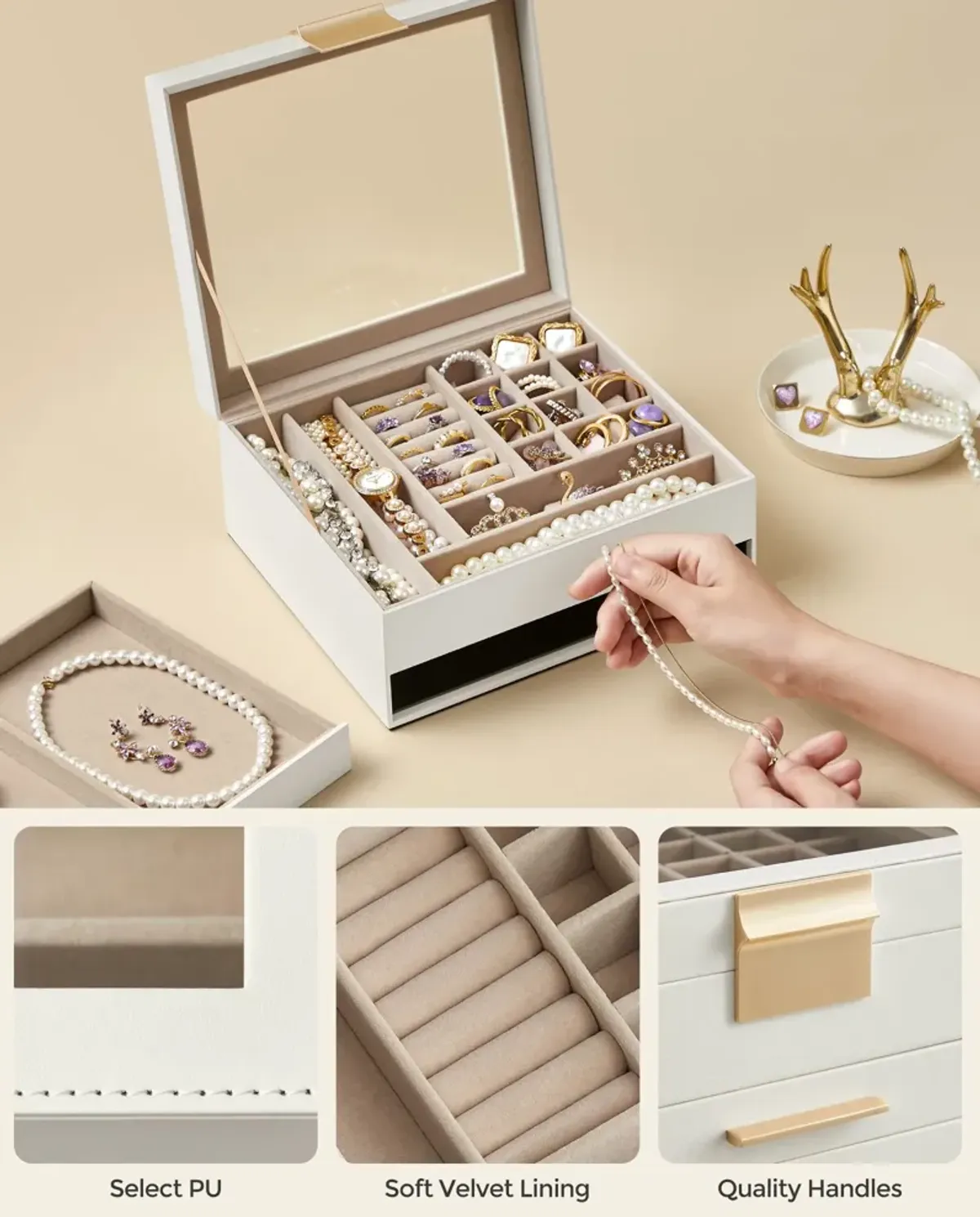 Elegant 2-Layer Jewelry Box with Glass Lid and 1 Drawer - Perfect Gift for Loved Ones