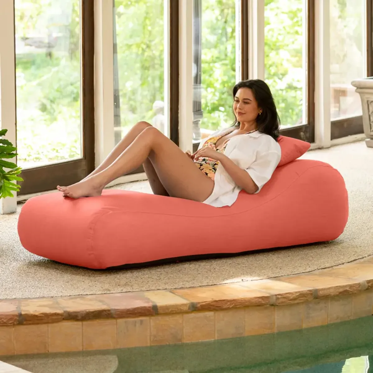 Arlo Outdoor Bean Bag Sun Lounger - Pool and Patio Chaise Bean Bag Lounger, Petal