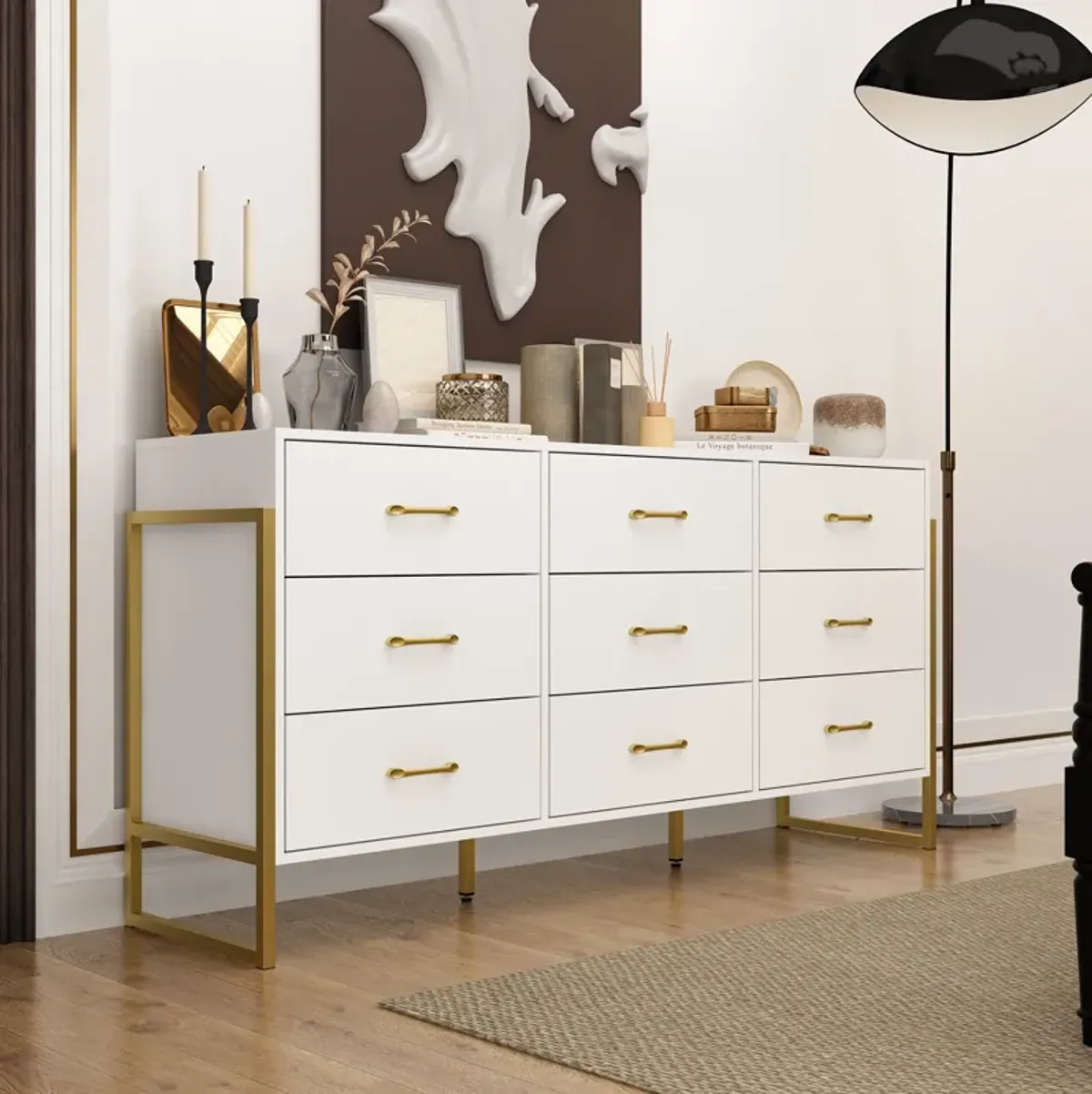 9-Drawer Dresser - Sleek Black & Gold, Premium Quality Chest