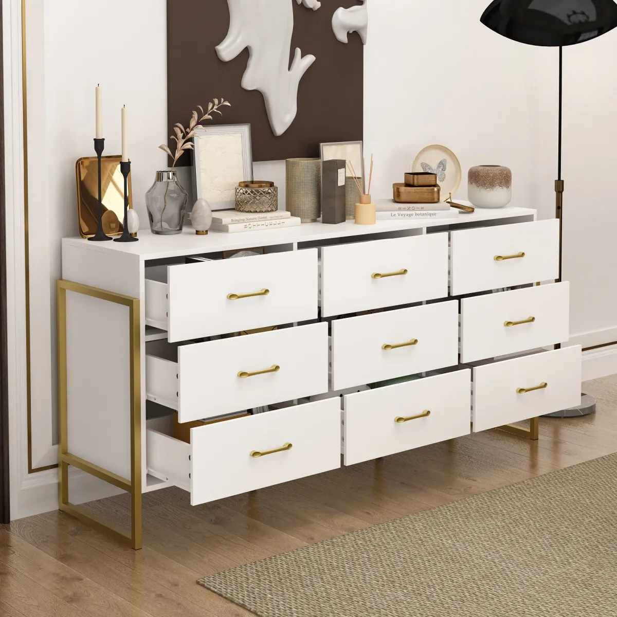 9-Drawer Dresser - Sleek Black & Gold, Premium Quality Chest