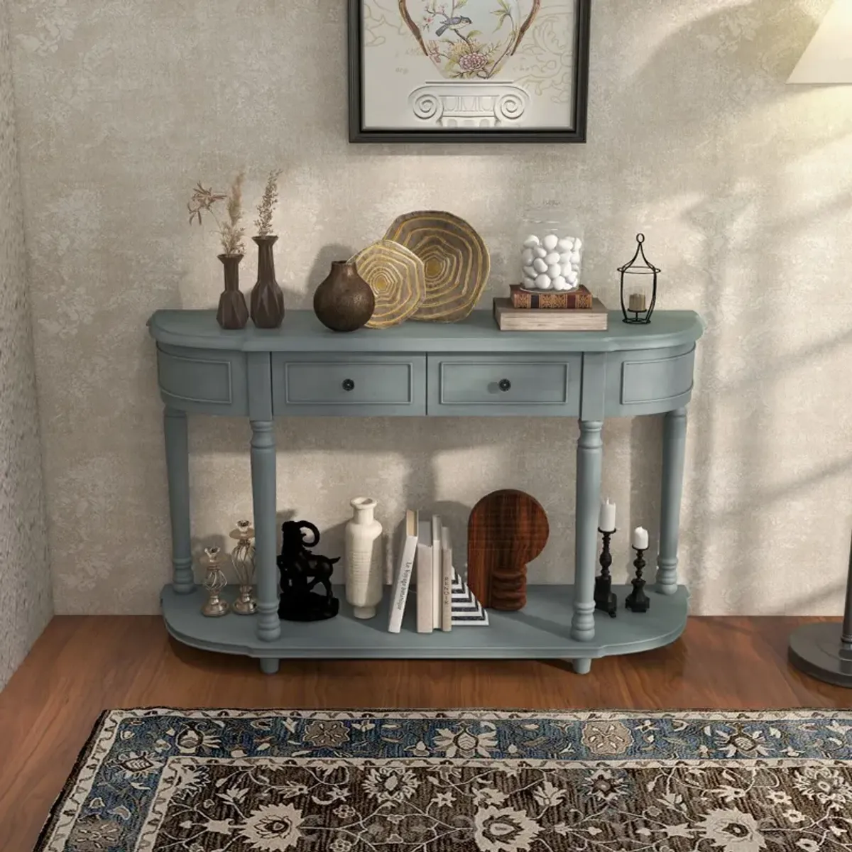 52 Inch Retro Console Table with 2 Drawers and Open Shelf Entryway Sofa Table-Blue