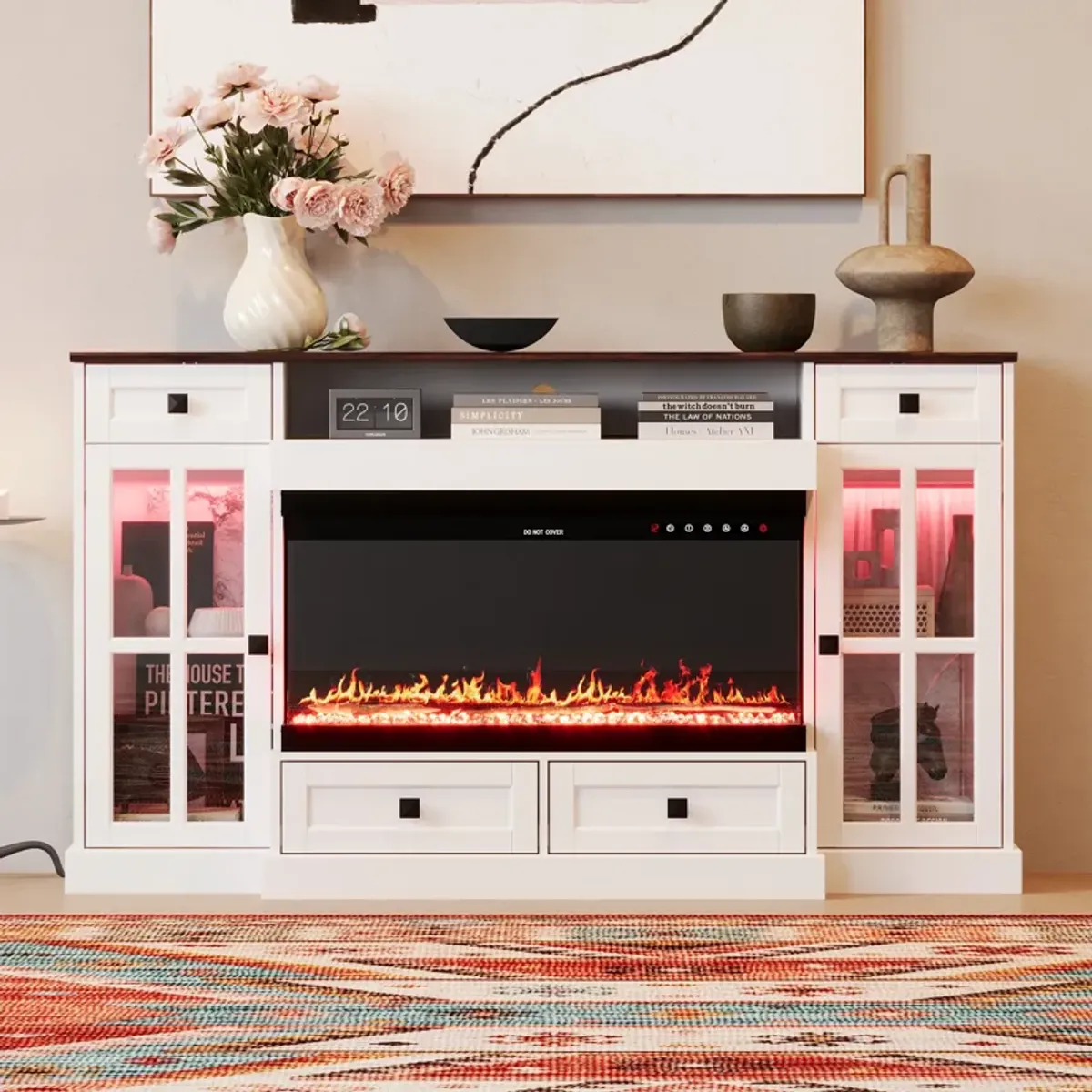 FUFU&GAGA Elegant TV Stand with Built-in Electric Fireplace and Storage Cabinets (55.3" W x 31.5" H x 11.8" D),White