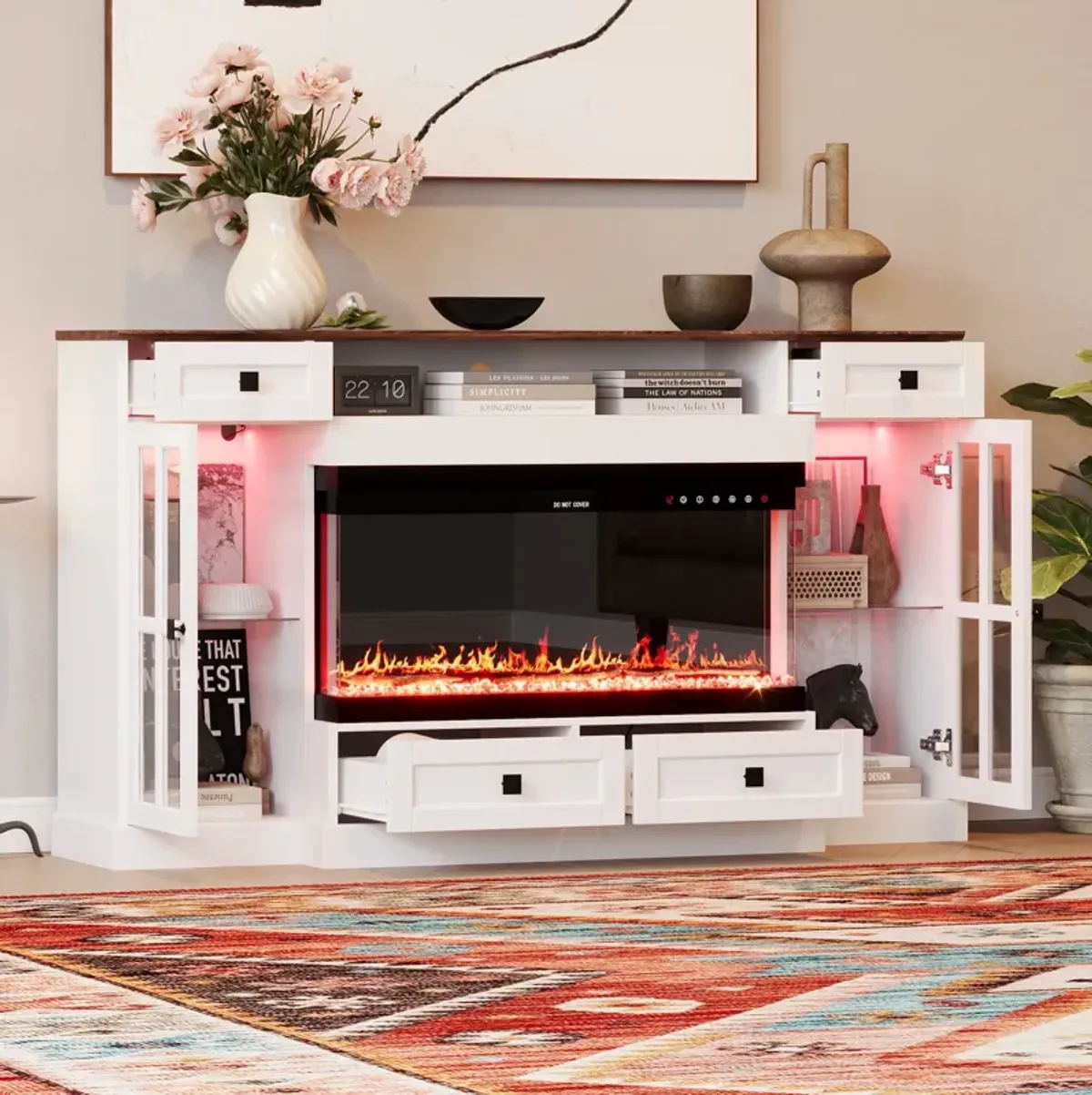 FUFU&GAGA Elegant TV Stand with Built-in Electric Fireplace and Storage Cabinets (55.3" W x 31.5" H x 11.8" D),White