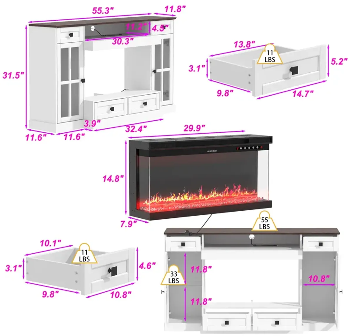 FUFU&GAGA Elegant TV Stand with Built-in Electric Fireplace and Storage Cabinets (55.3" W x 31.5" H x 11.8" D),White