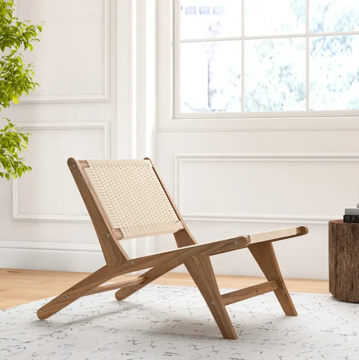 Teak Wooden Chair with Braided Rope Seat and Backrest for Backyard