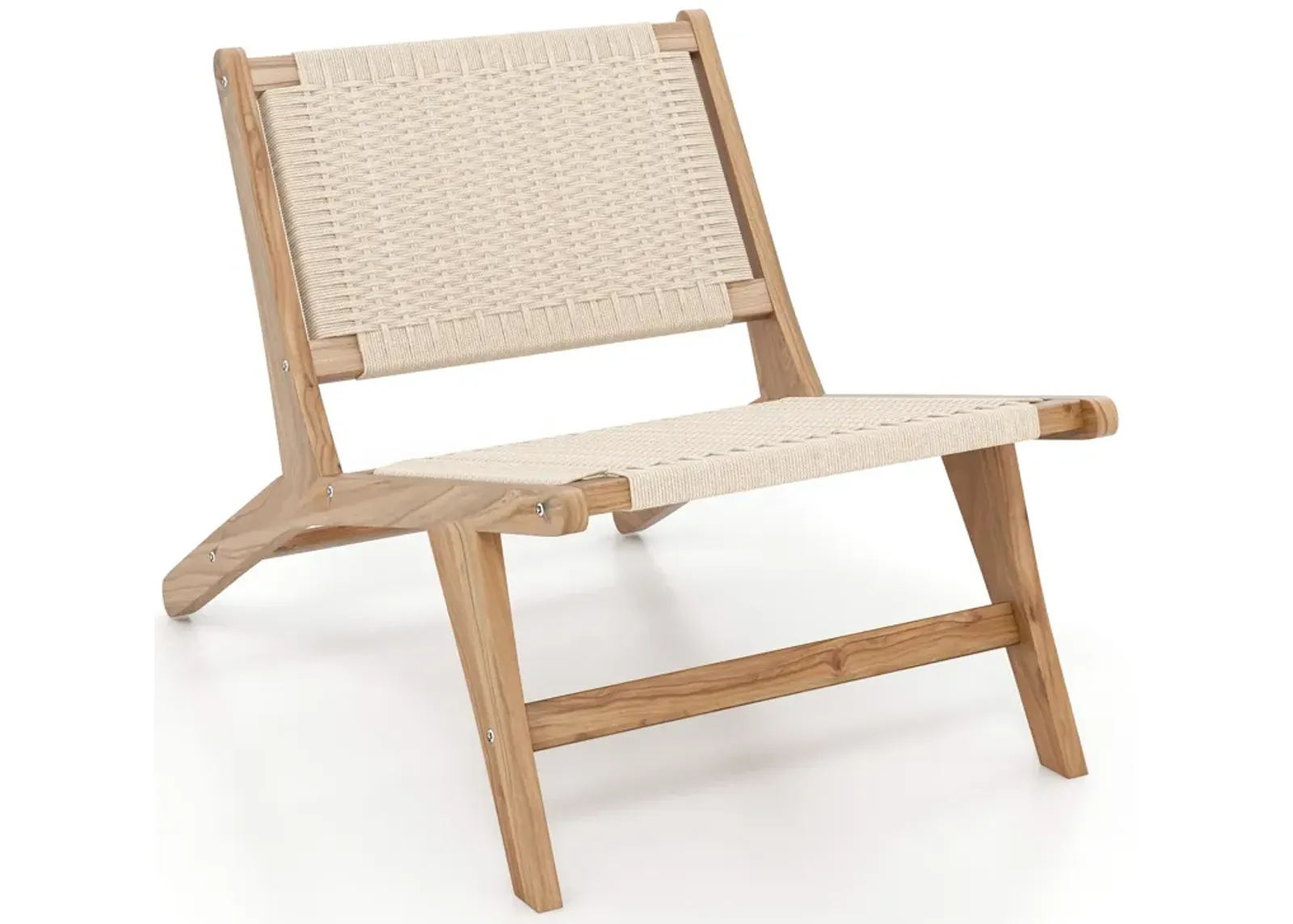 Teak Wooden Chair with Braided Rope Seat and Backrest for Backyard