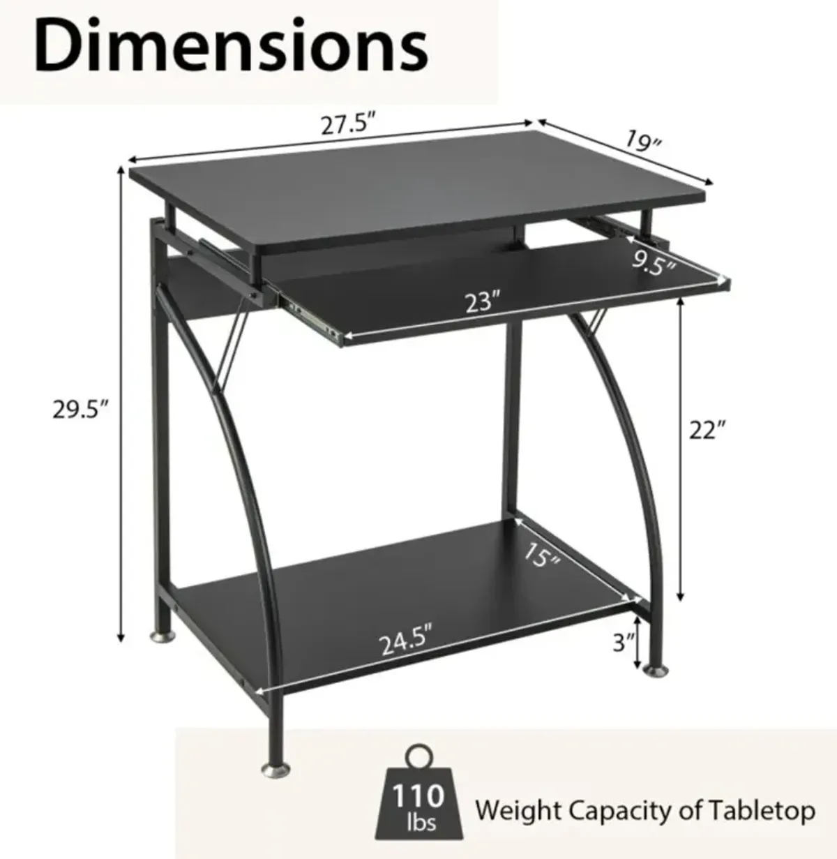 Hivvago 27.5 Inch Laptop Table Computer Desk for Small Spaces with Pull-out Keyboard Tray