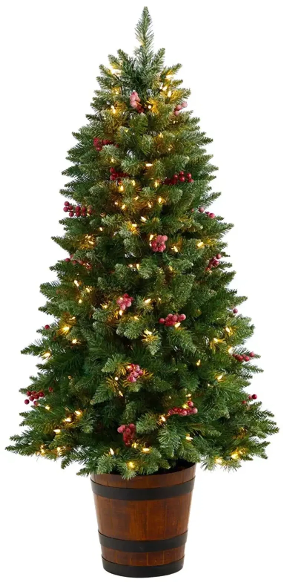 Nearly Natural 5-ft Frosted Colorado Aspen Pre-Lit Artificial Porch Christmas Tree with 200 LED lights, 426 Bendable Branches and Berries in Decorative Planter