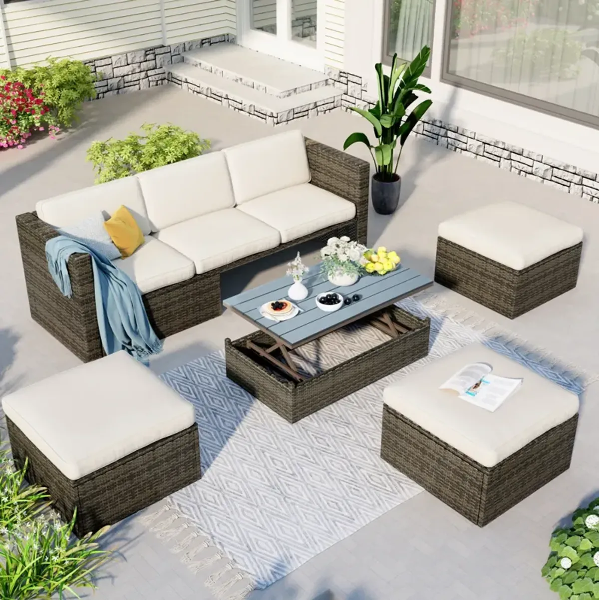 Patio Furniture Sets, 5-Piece Patio Wicker Sofa With Adjustable Backrest, Cushions, Ottomans