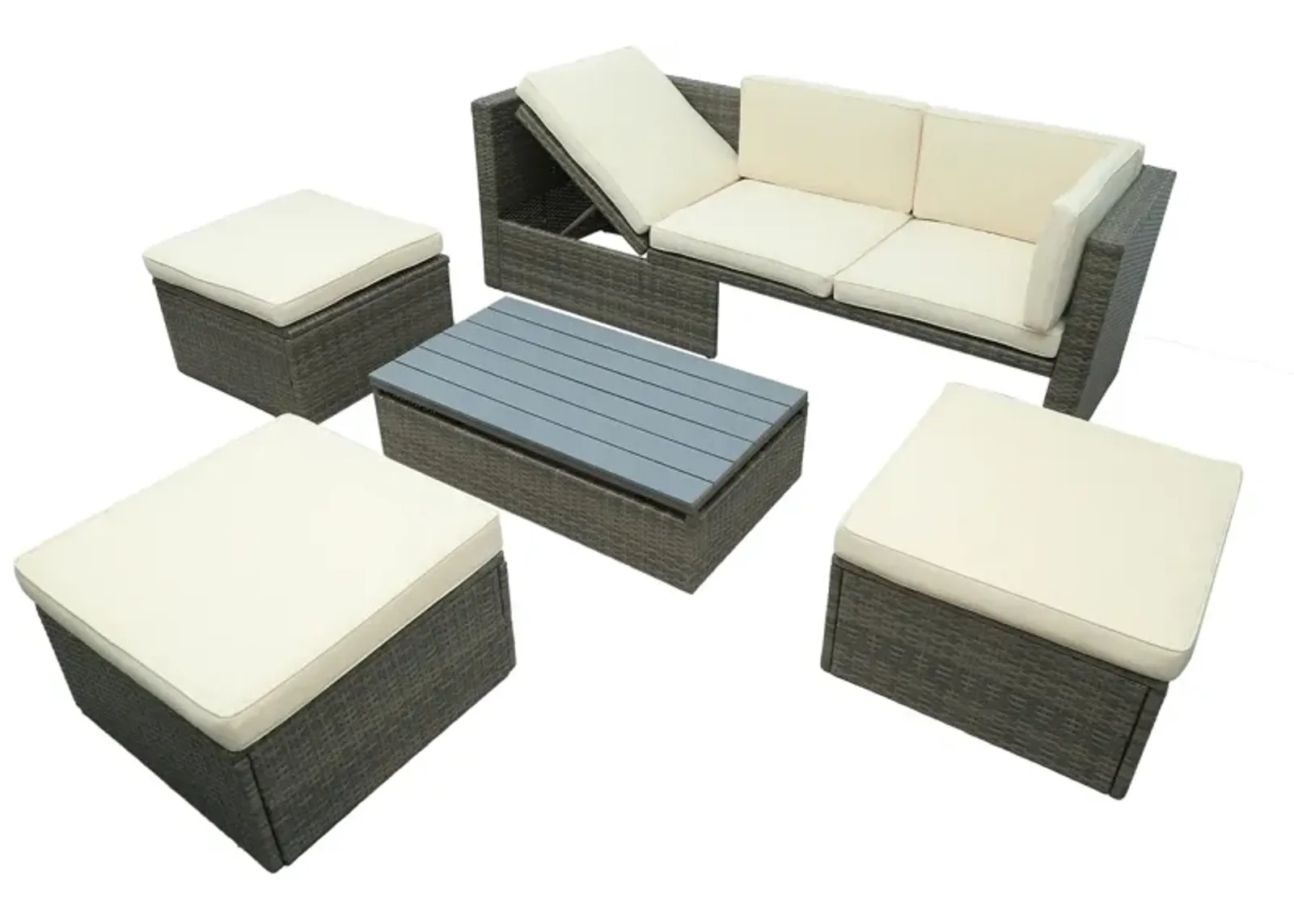 Patio Furniture Sets, 5-Piece Patio Wicker Sofa With Adjustable Backrest, Cushions, Ottomans