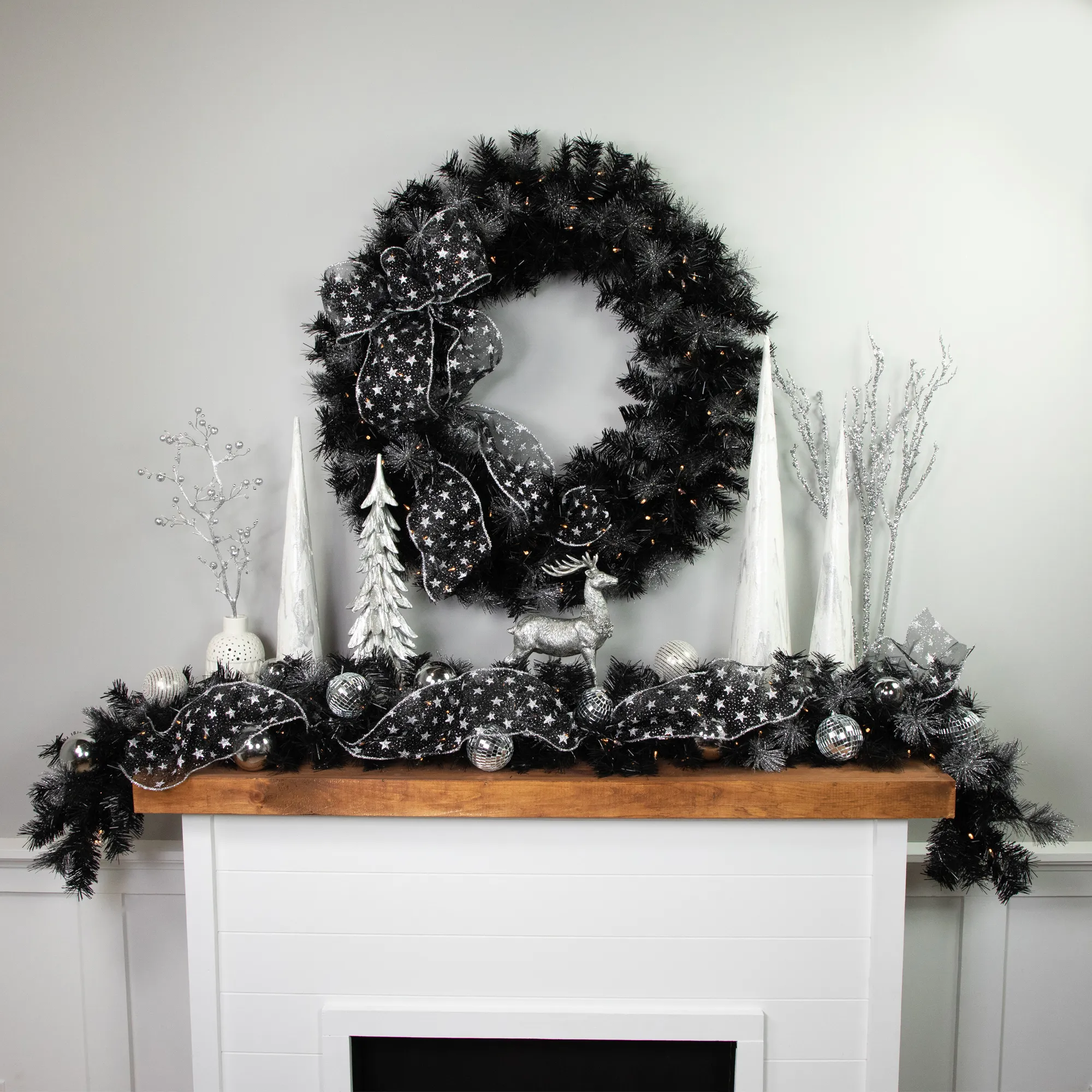 Black Bristle Artificial Christmas Wreath- 36 inches  Warm White LED Lights