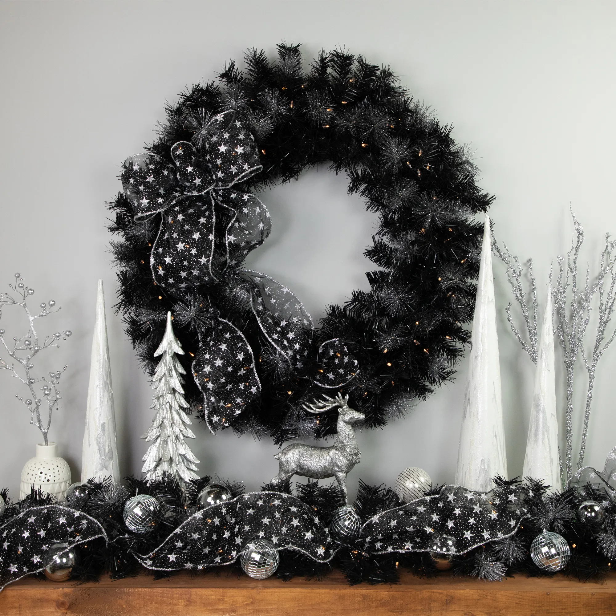 Black Bristle Artificial Christmas Wreath- 36 inches  Warm White LED Lights