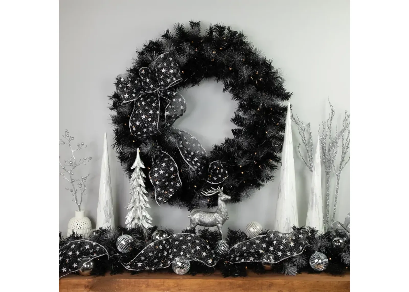 Black Bristle Artificial Christmas Wreath- 36 inches  Warm White LED Lights