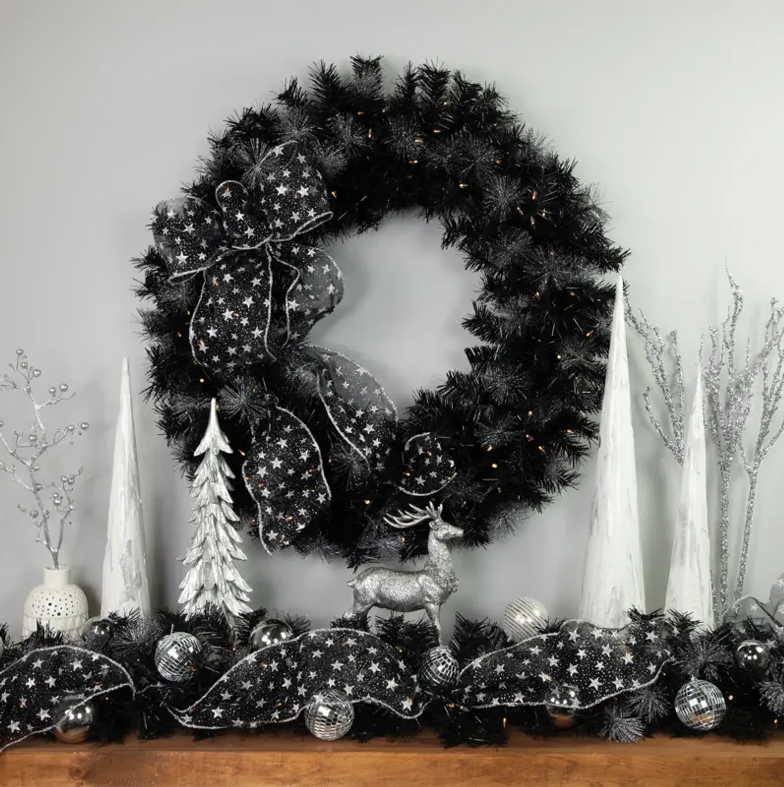 Black Bristle Artificial Christmas Wreath- 36 inches  Warm White LED Lights