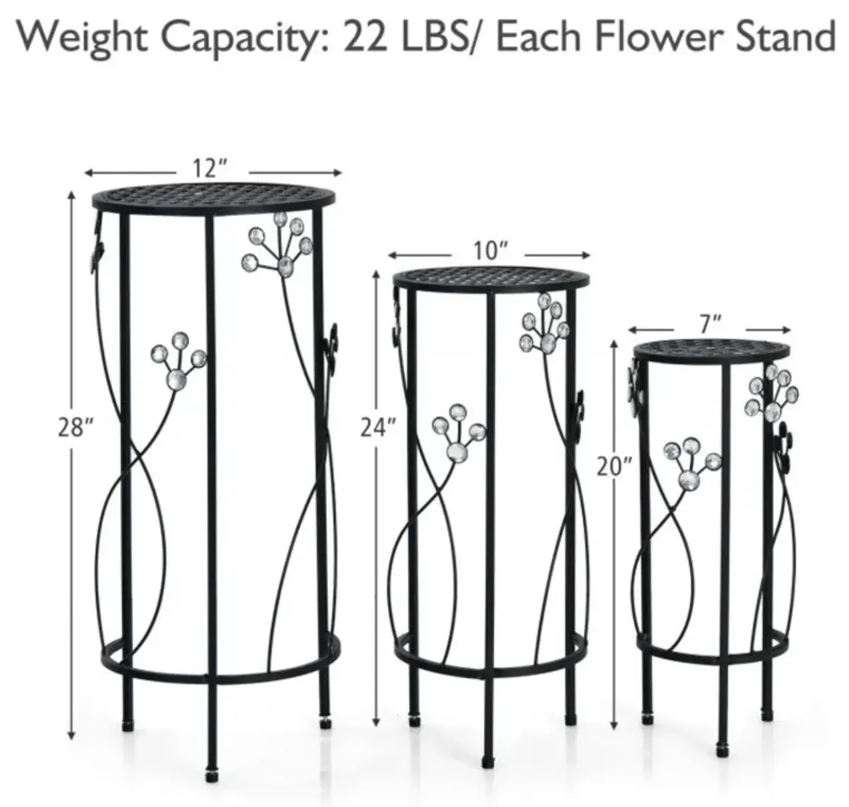 Hivvago 3 Pieces Metal Plant Stand Set with Crystal Floral Accents Round-Black