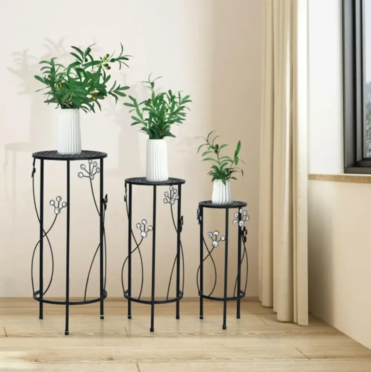 Hivvago 3 Pieces Metal Plant Stand Set with Crystal Floral Accents Round-Black