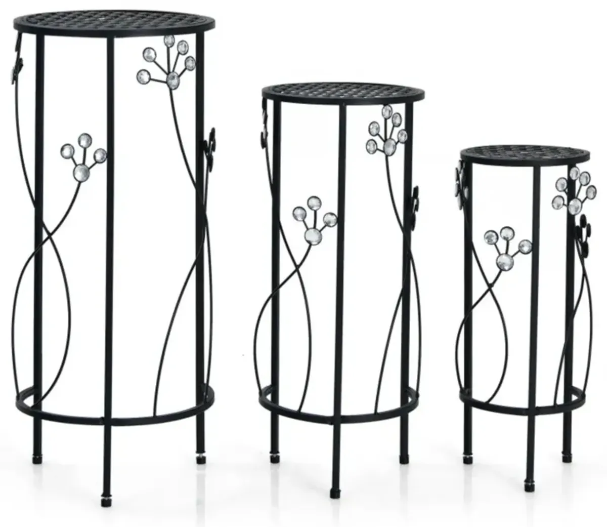 Hivvago 3 Pieces Metal Plant Stand Set with Crystal Floral Accents Round-Black