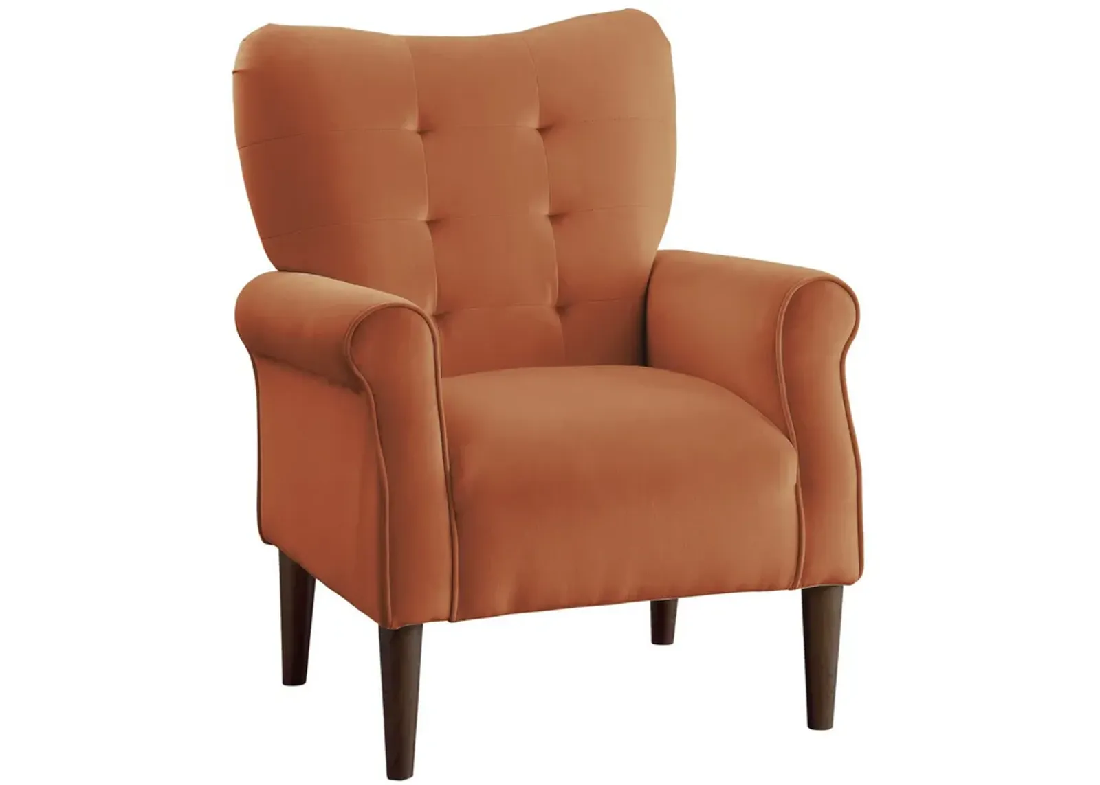 Kylie 32 Inch Accent Chair Armchair, Tufted Orange Velvet, Brown Solid Wood - Benzara