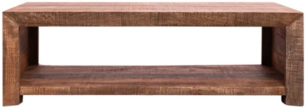 56 Inch Rough Hewn Saw Mango Wood Coffee Table, Open Bottom Shelf, Brown-Benzara
