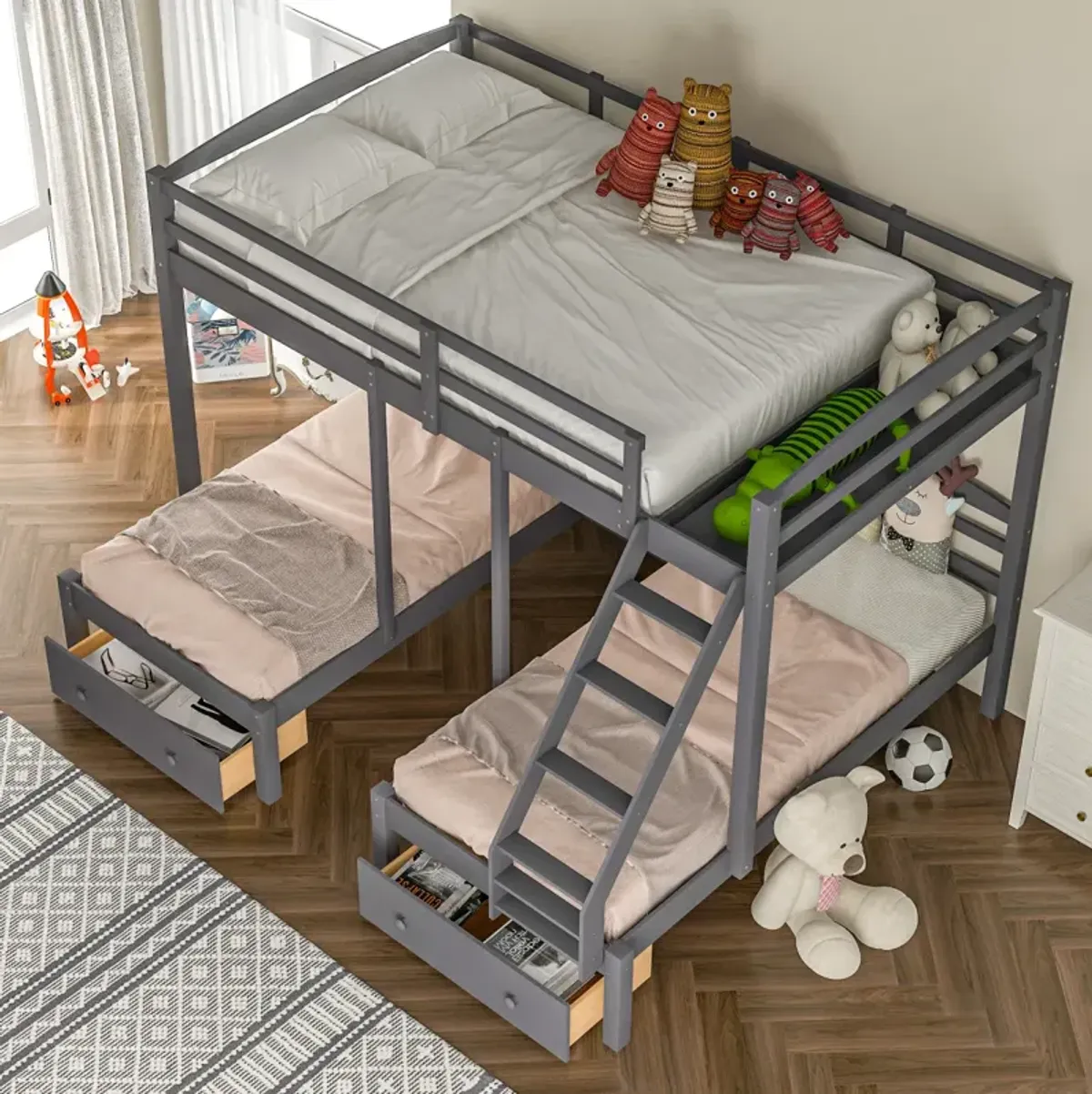 Full Over Twin & Twin Bunk Bed, Triple Bunk Bed With Drawers