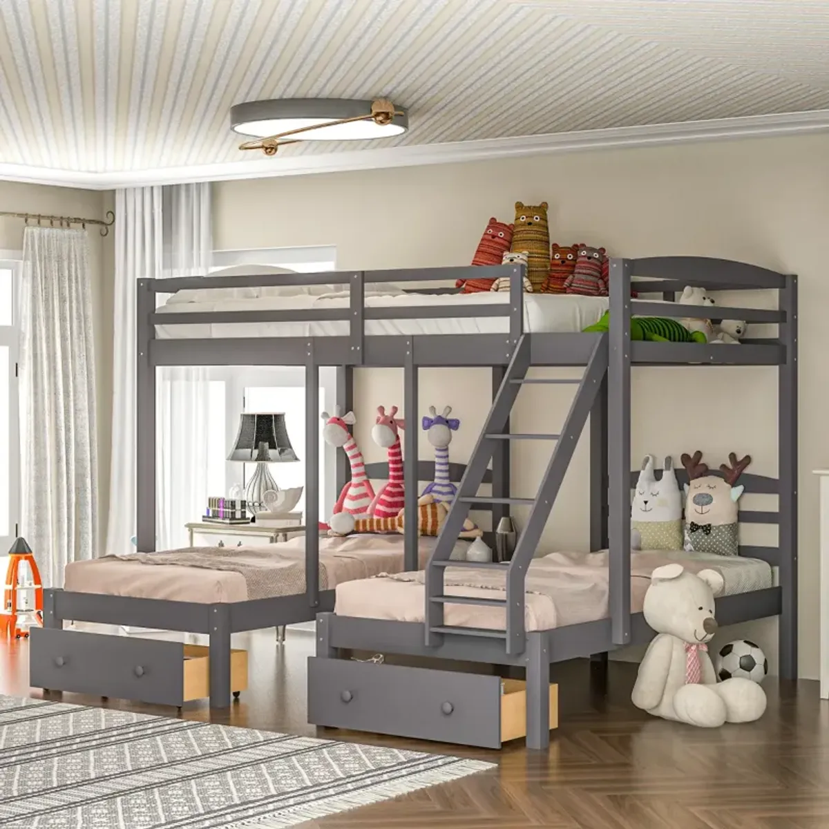 Full Over Twin & Twin Bunk Bed, Triple Bunk Bed With Drawers