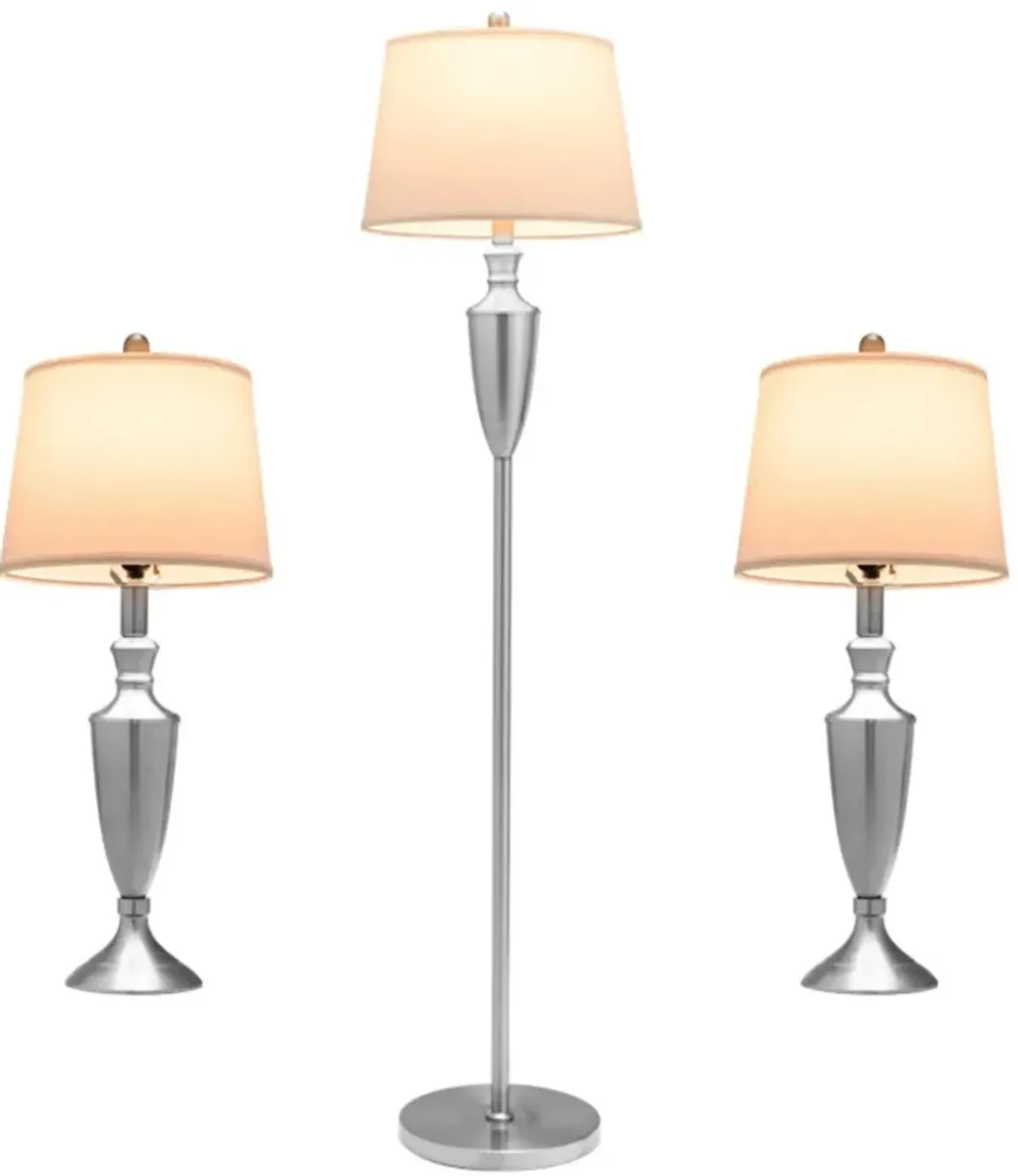 Hivvago 3 Piece Lamp with Set Modern Floor Lamp and 2 Table Lamps-Silver