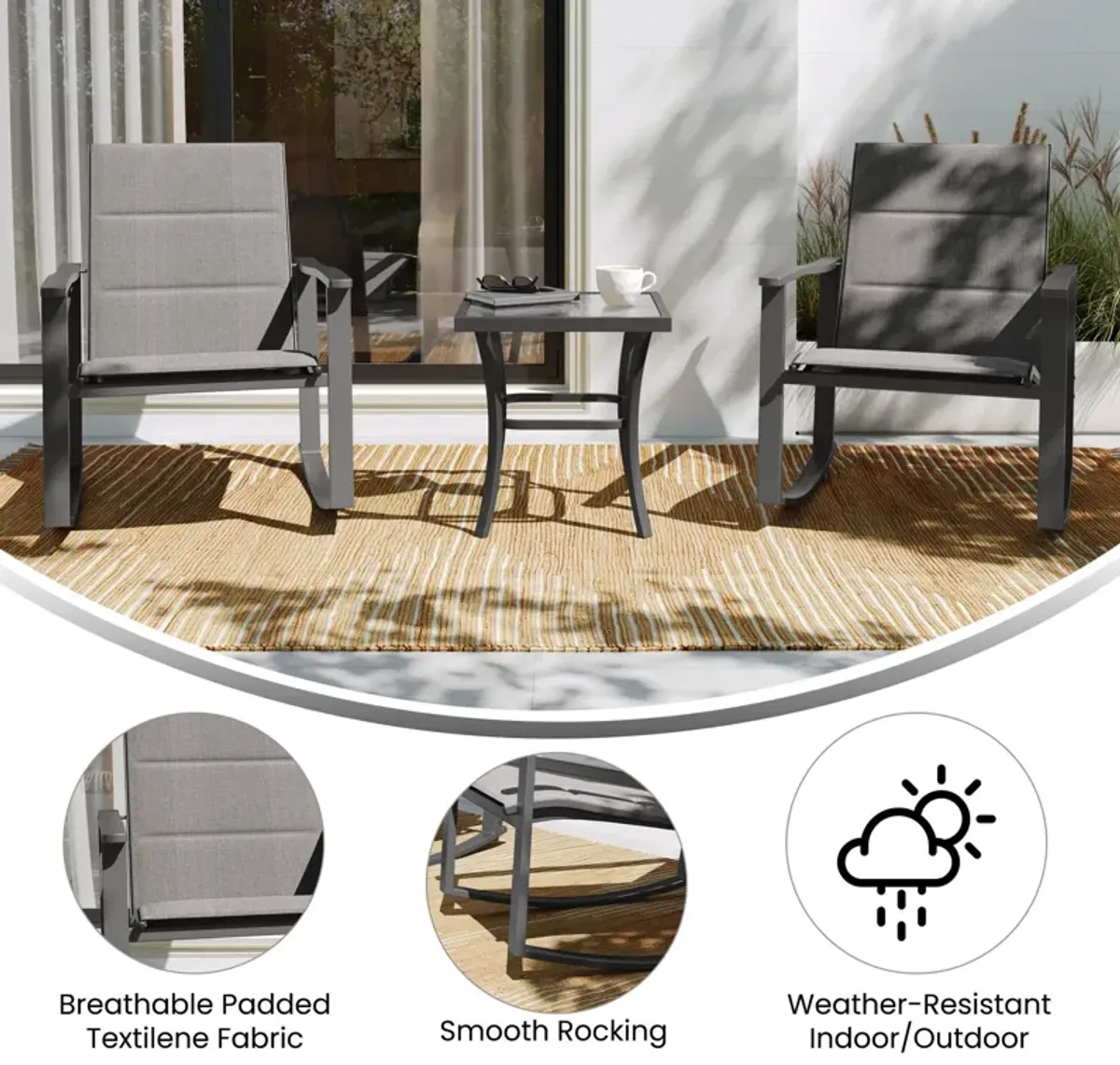 Flash Furniture Brazos 3 Piece Outdoor Rocking Chair Bistro Set with Flex Comfort Material and Steel Framed Glass Top Table