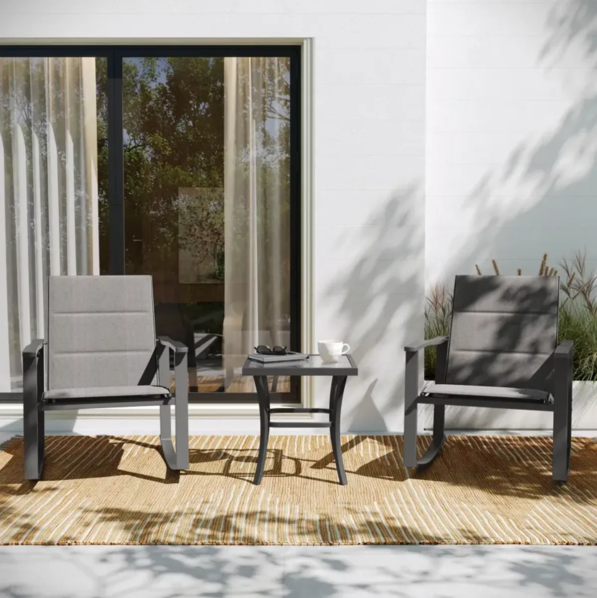 Flash Furniture Brazos 3 Piece Outdoor Rocking Chair Bistro Set with Flex Comfort Material and Steel Framed Glass Top Table