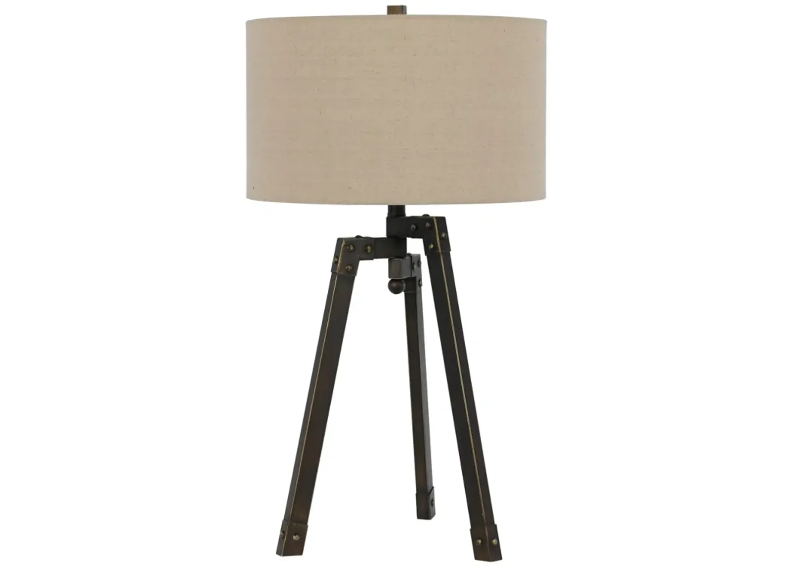 Metal Tripod Base Table Lamp with Fabric Drum Shade, Bronze and Beige-Benzara