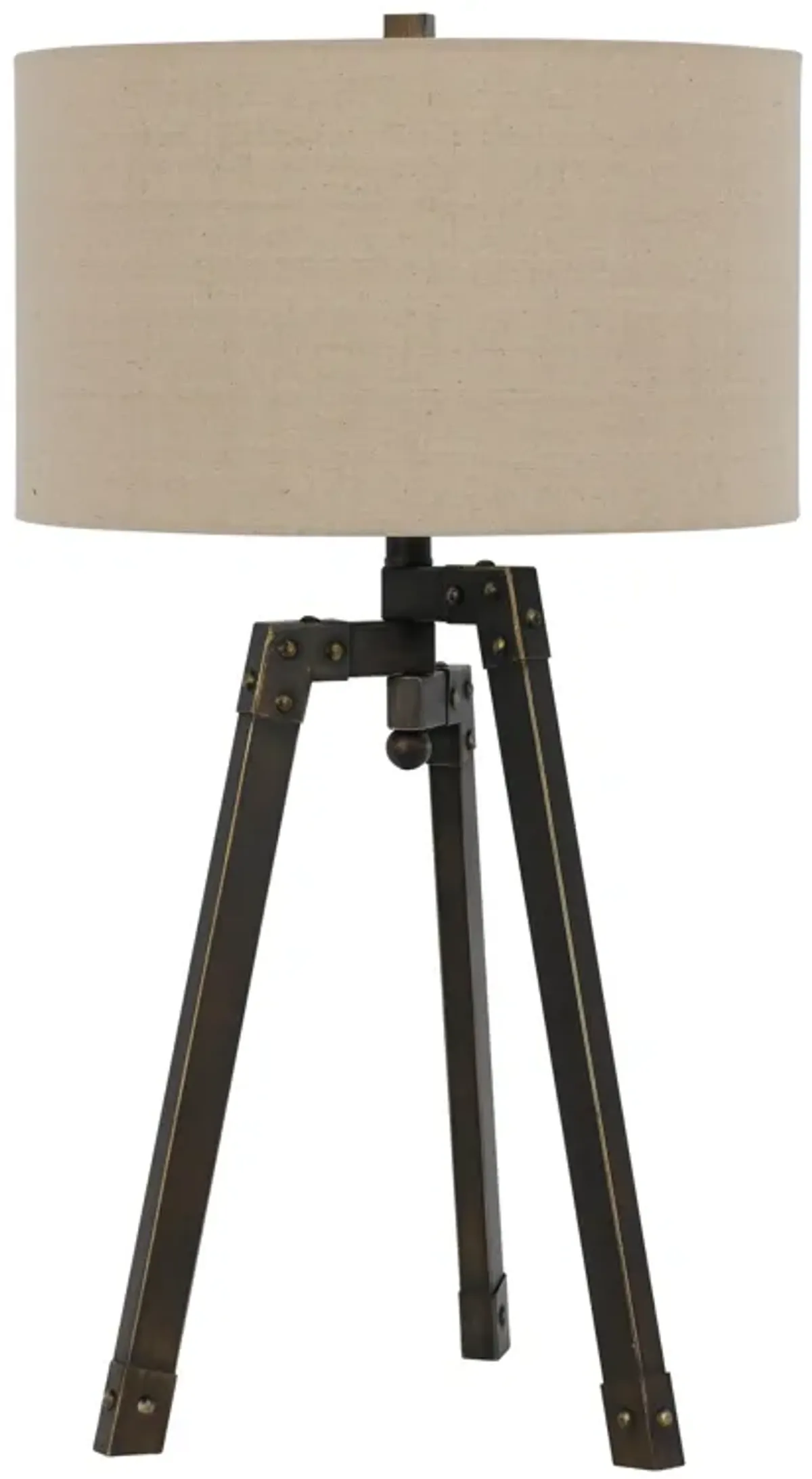 Metal Tripod Base Table Lamp with Fabric Drum Shade, Bronze and Beige-Benzara