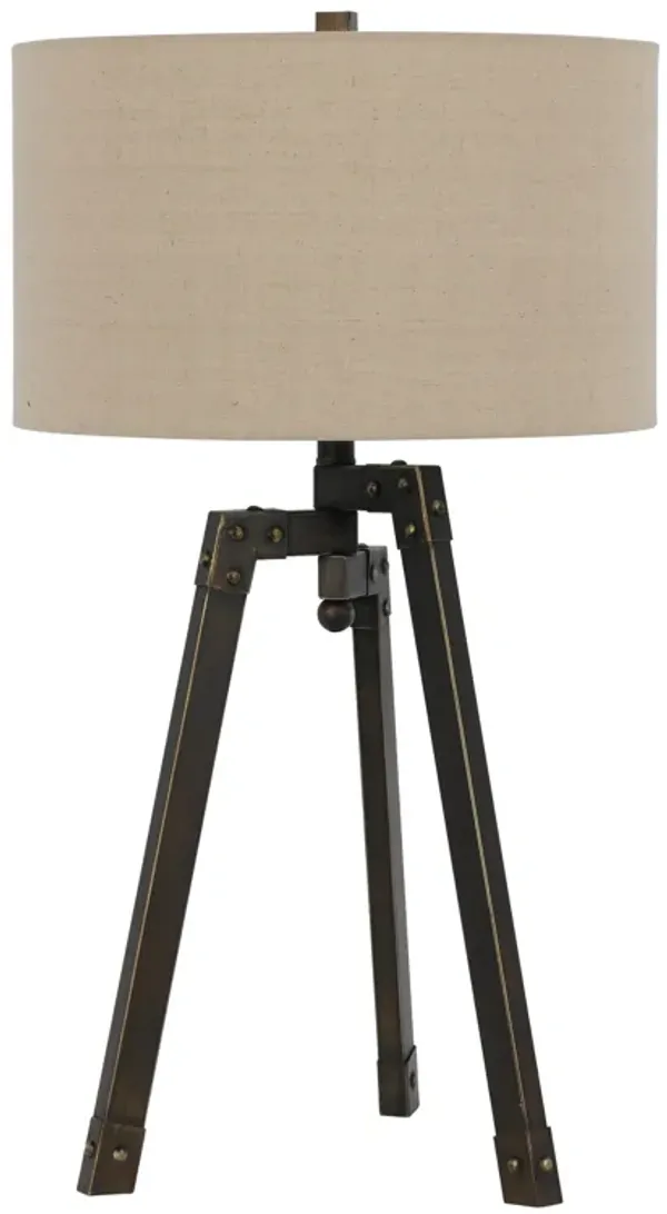 Metal Tripod Base Table Lamp with Fabric Drum Shade, Bronze and Beige - Benzara